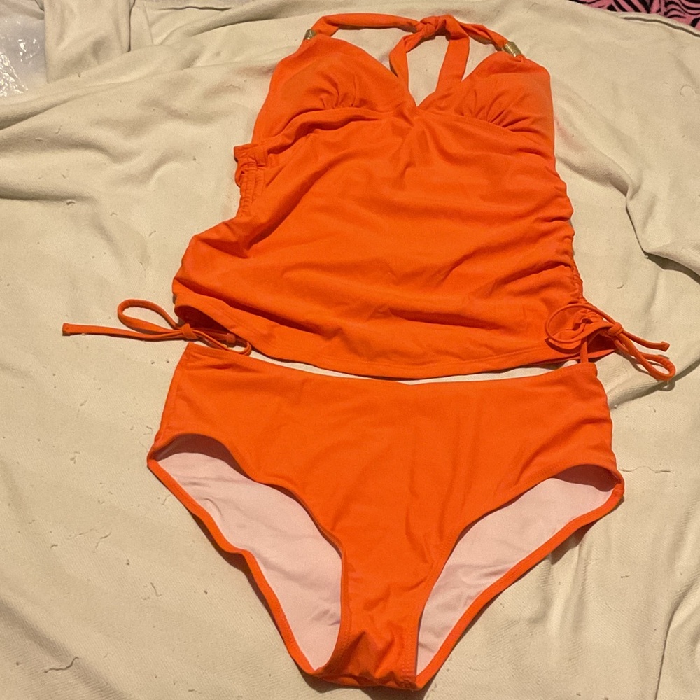 Bright Orange Tankini Two-Piece Tie Neck Open Back Swim Set with gold sliders